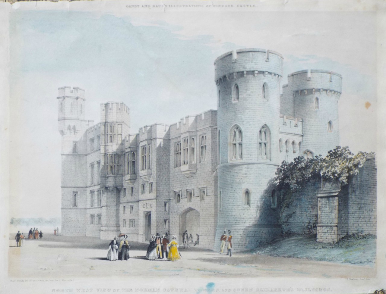Lithograph - North West View of the Norman Gateway Towers, and Queen Elizabeth's Buildings. 
Gandy and Baud's Illustrations of Windsor Castle. - Hawkins